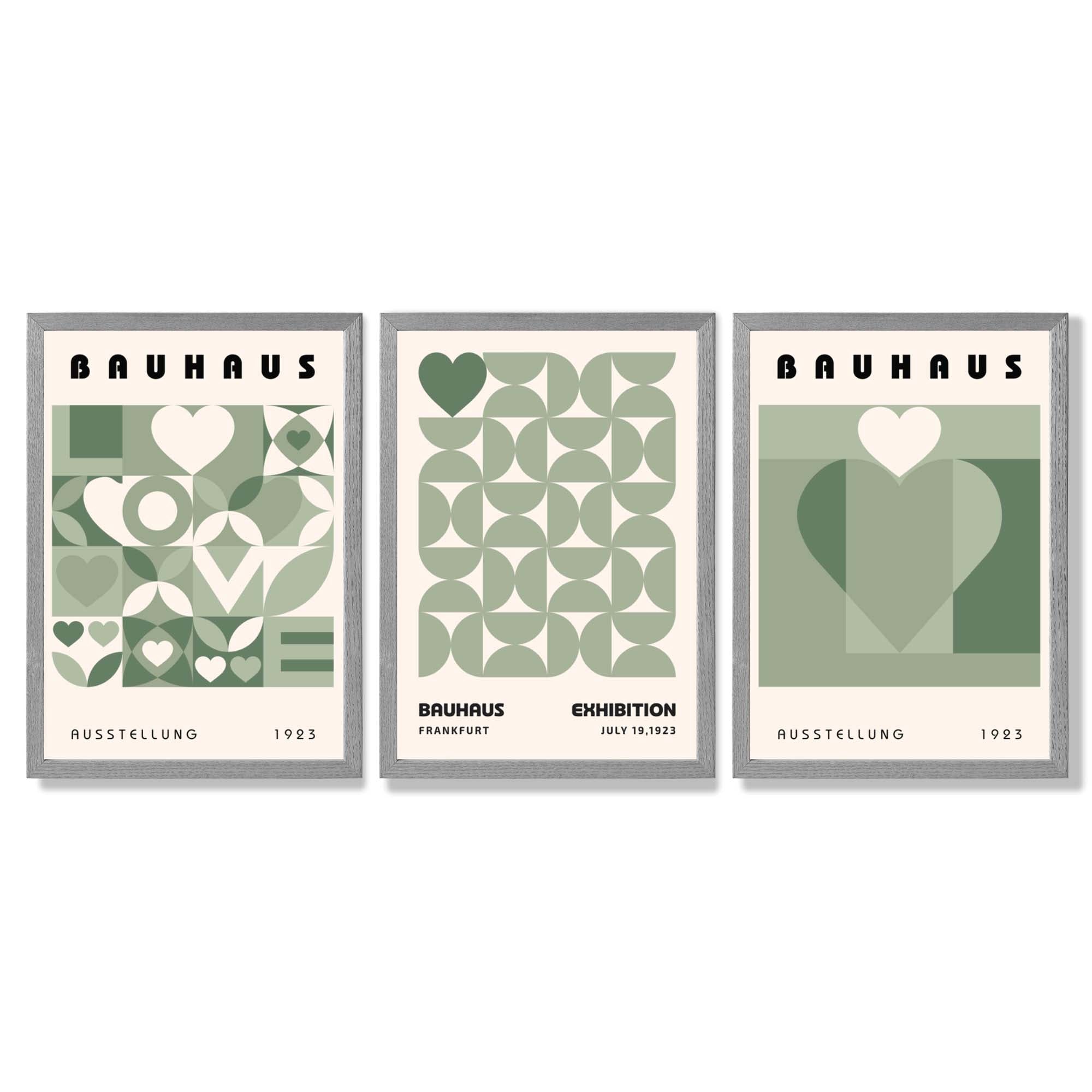Bauhaus Love Geometric Set of 3 Green Framed Wall Art with Light Grey Wooden Frames