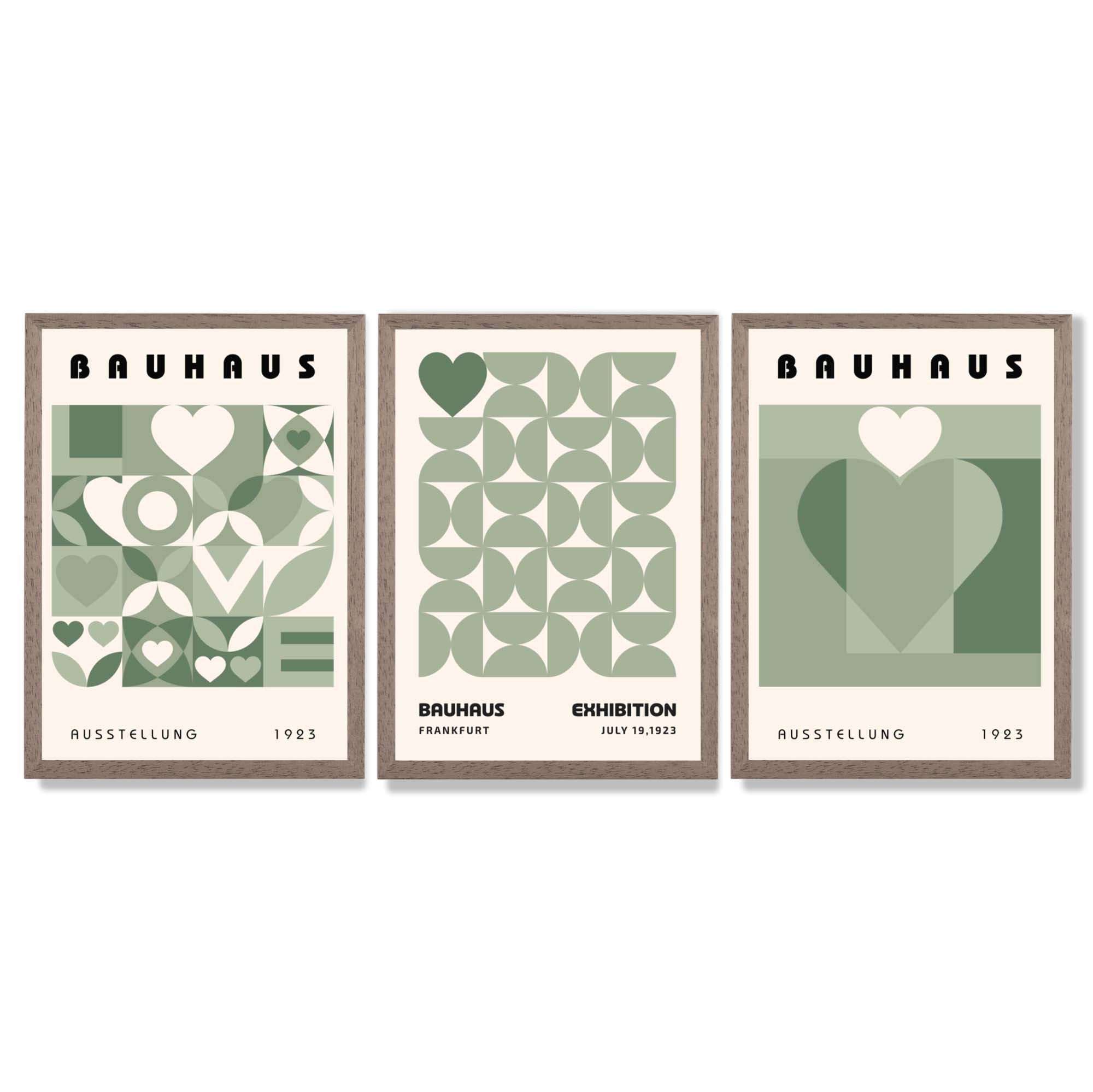 Bauhaus Love Geometric Set of 3 Green Framed Wall Art with Light Walnut Frames
