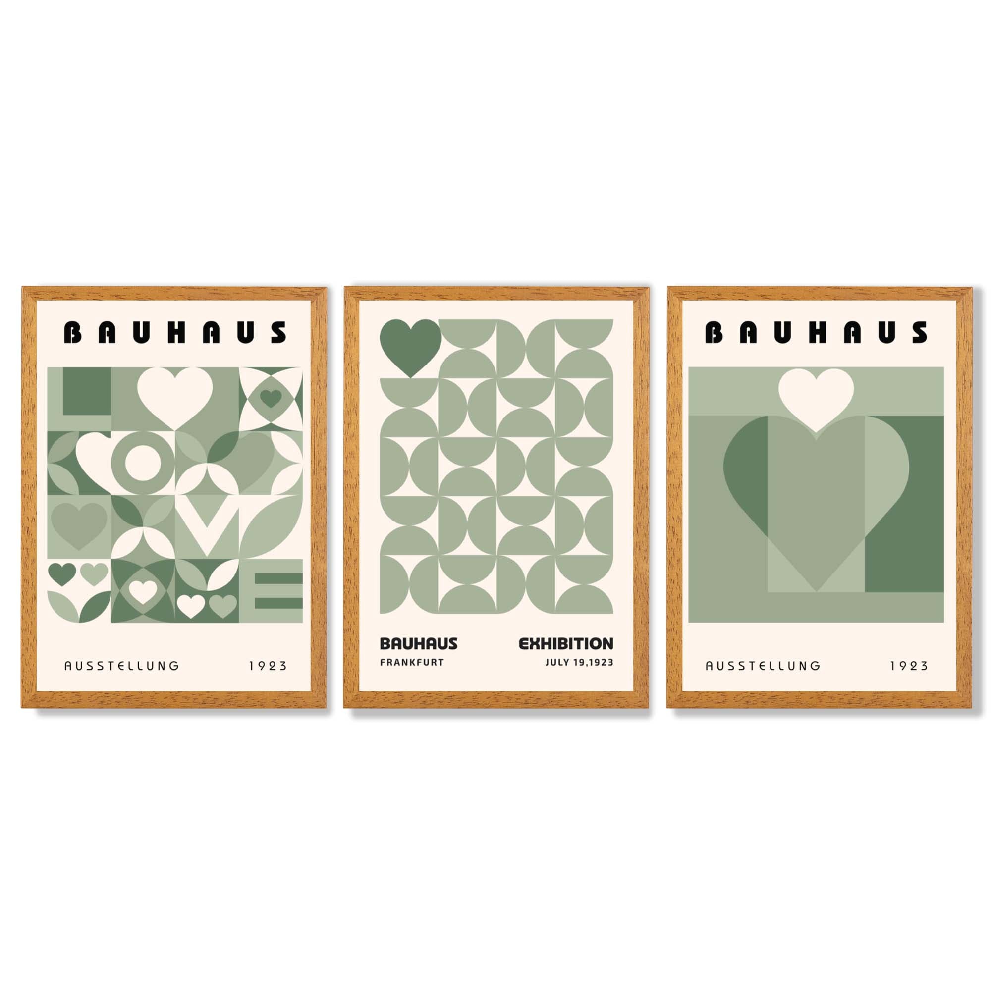 Bauhaus Love Geometric Set of 3 Green Framed Wall Art with Oak Wooden Frames