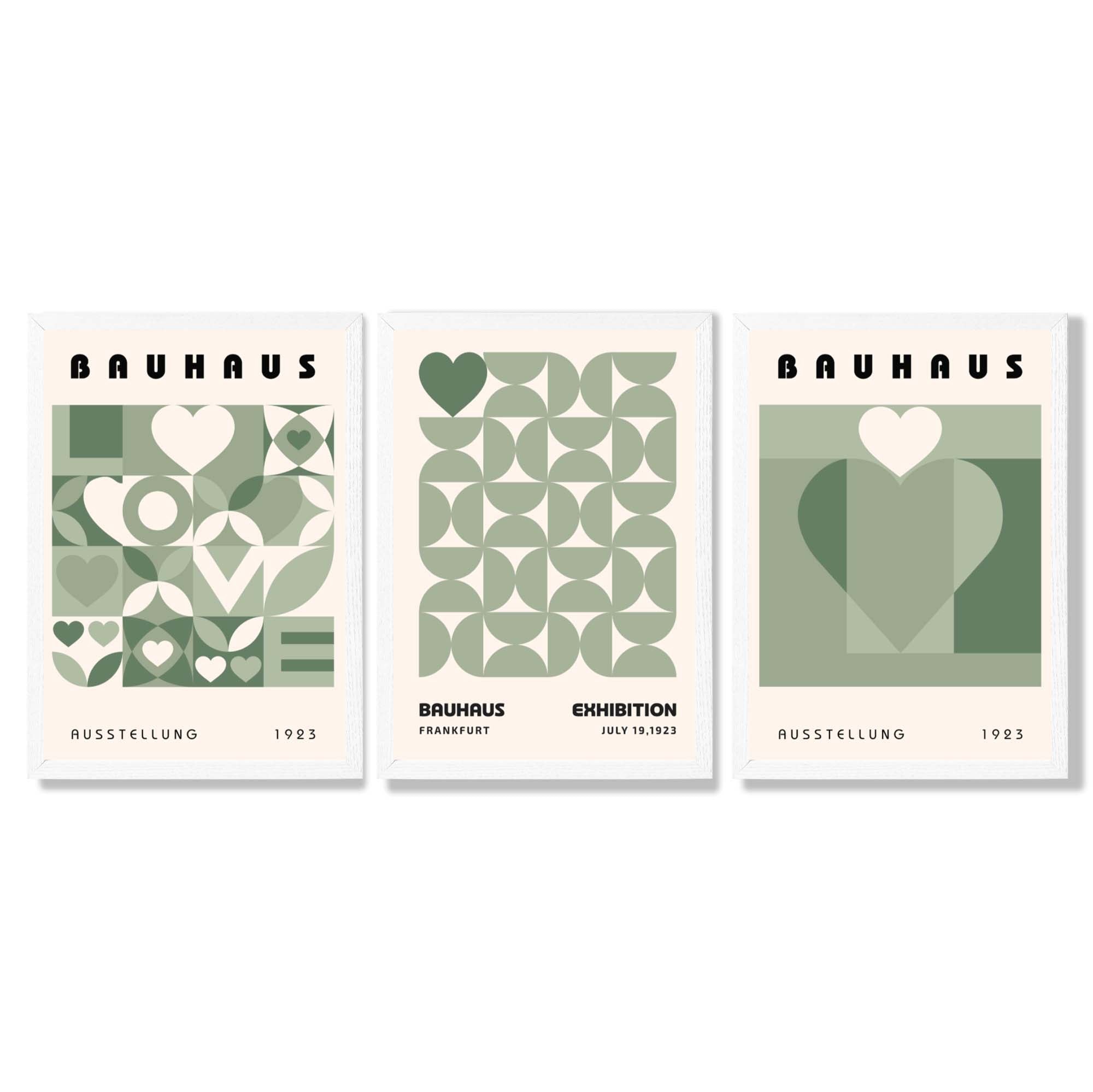 Bauhaus Love Geometric Set of 3 Green Framed Wall Art with White Wooden Frames