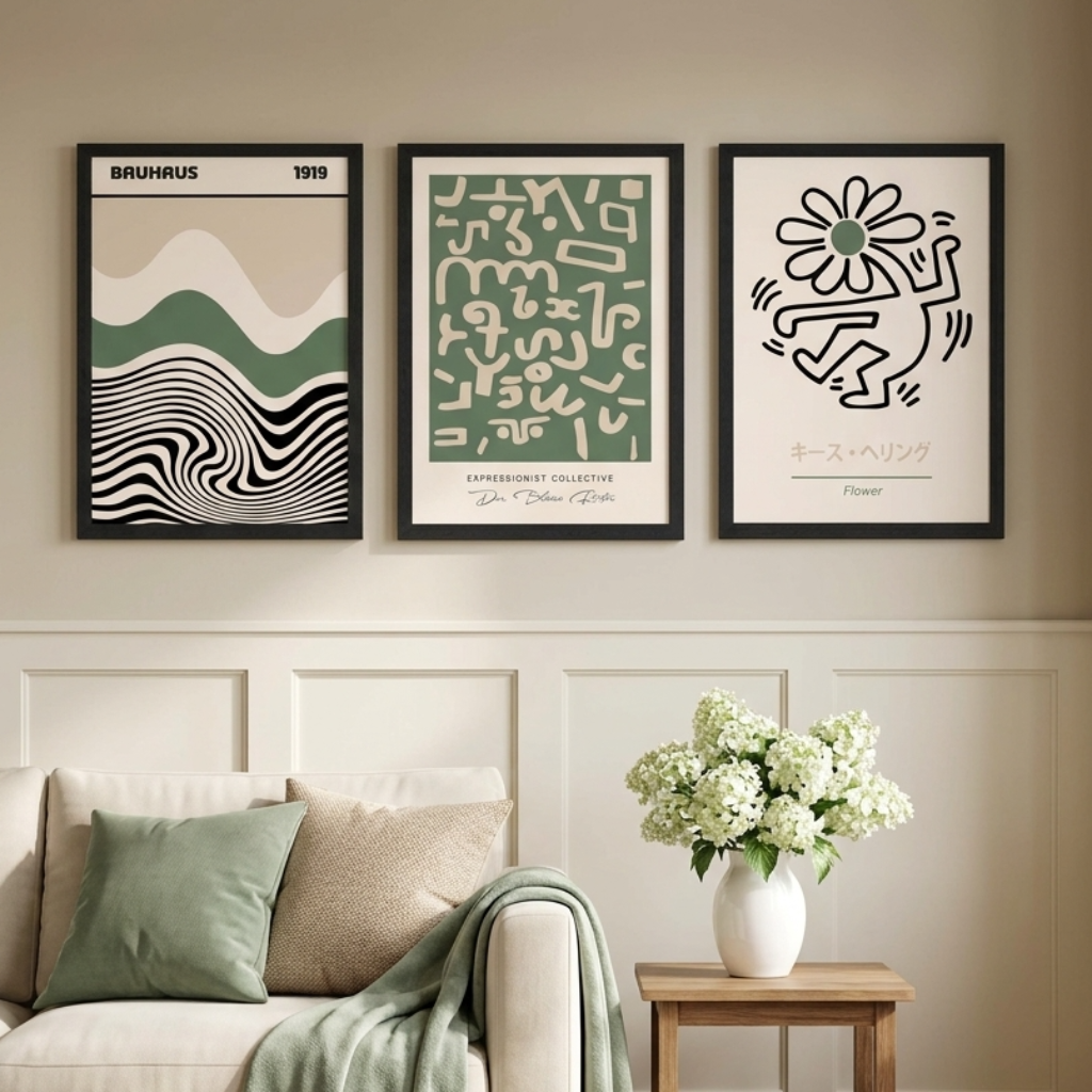 Three framed abstract art prints in black, white, and sage green hang on a beige wall above a cream sofa with green and beige pillows and a draped throw blanket. A small wooden side table with a white vase of flowers sits to the right.