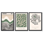Bauhaus Modern Japandi Minimal Set of 3 Green Art Prints in Black Frames | Artze UK