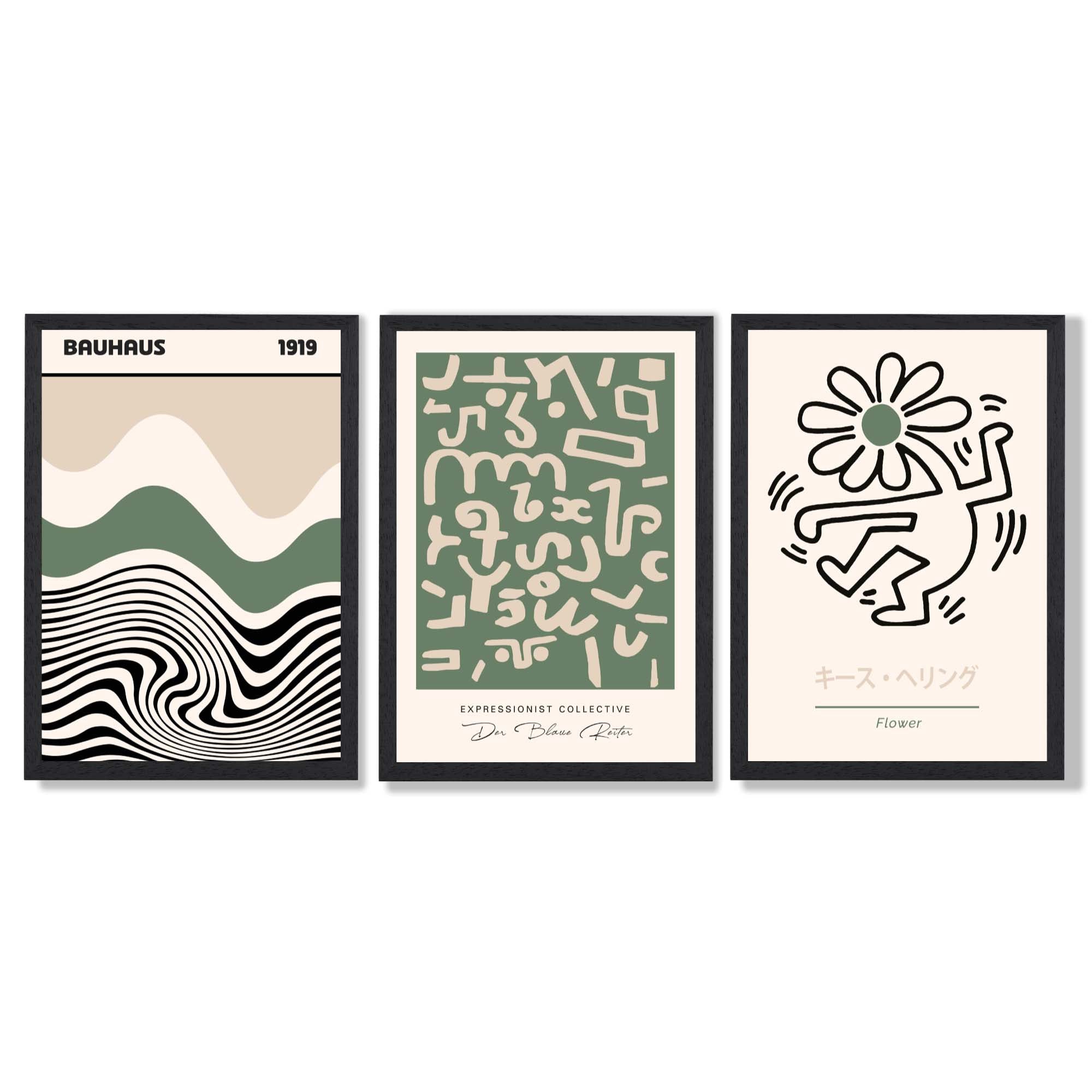 Bauhaus Modern Japandi Minimal Set of 3 Green Art Prints in Black Frames | Artze UK