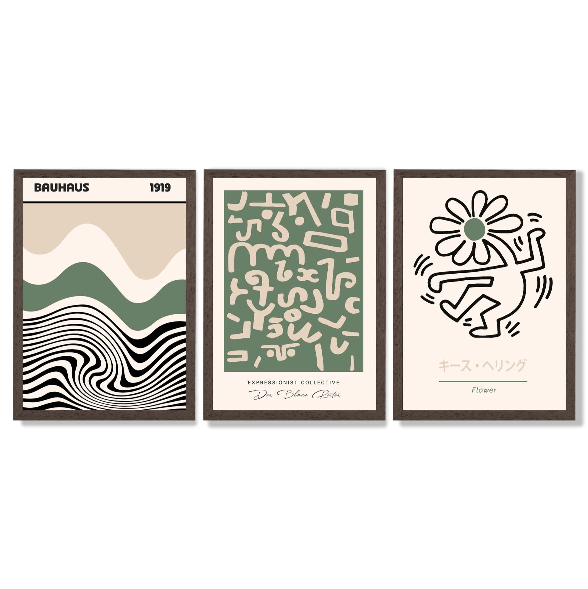 Bauhaus Modern Japandi Minimal Set of 3 Green Framed Wall Art with Dark Wood Frames