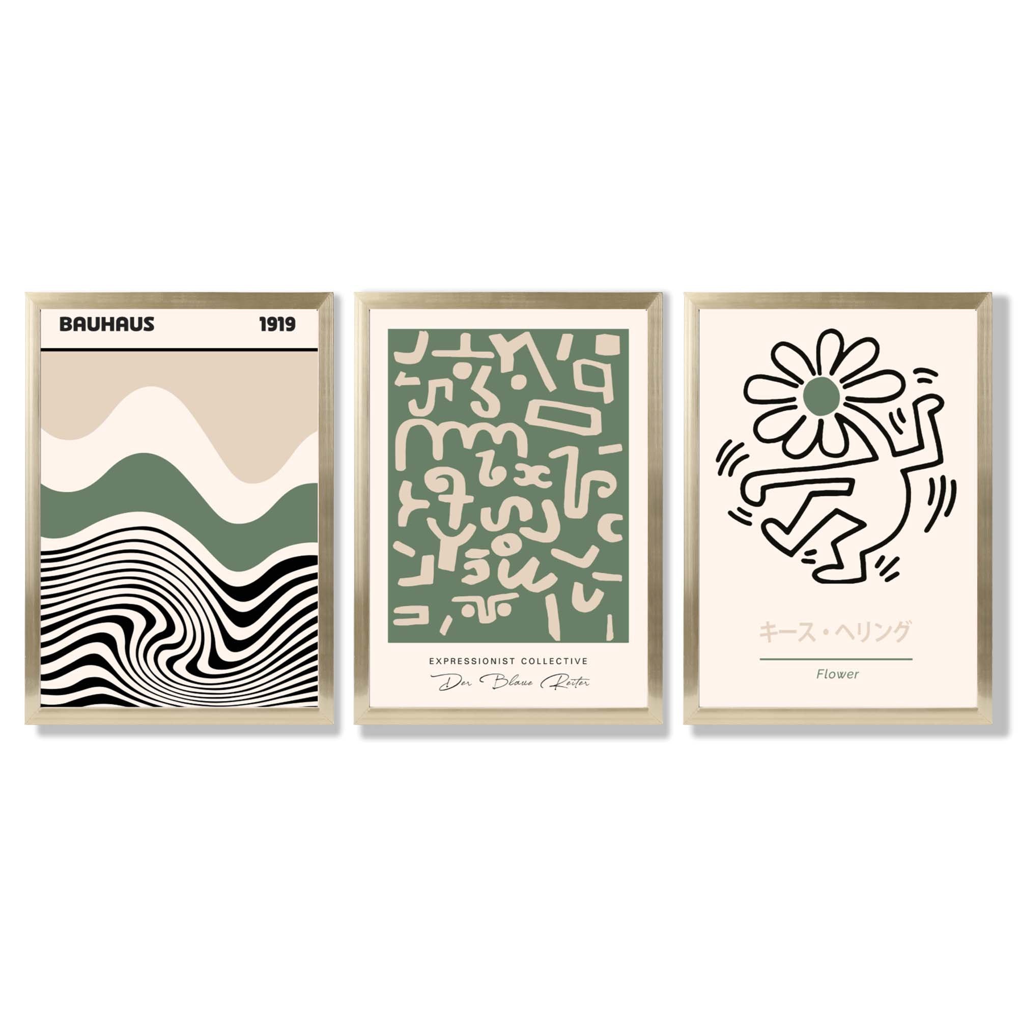 Bauhaus Modern Japandi Minimal Set of 3 Green Framed Wall Art with Gold Wood Frames