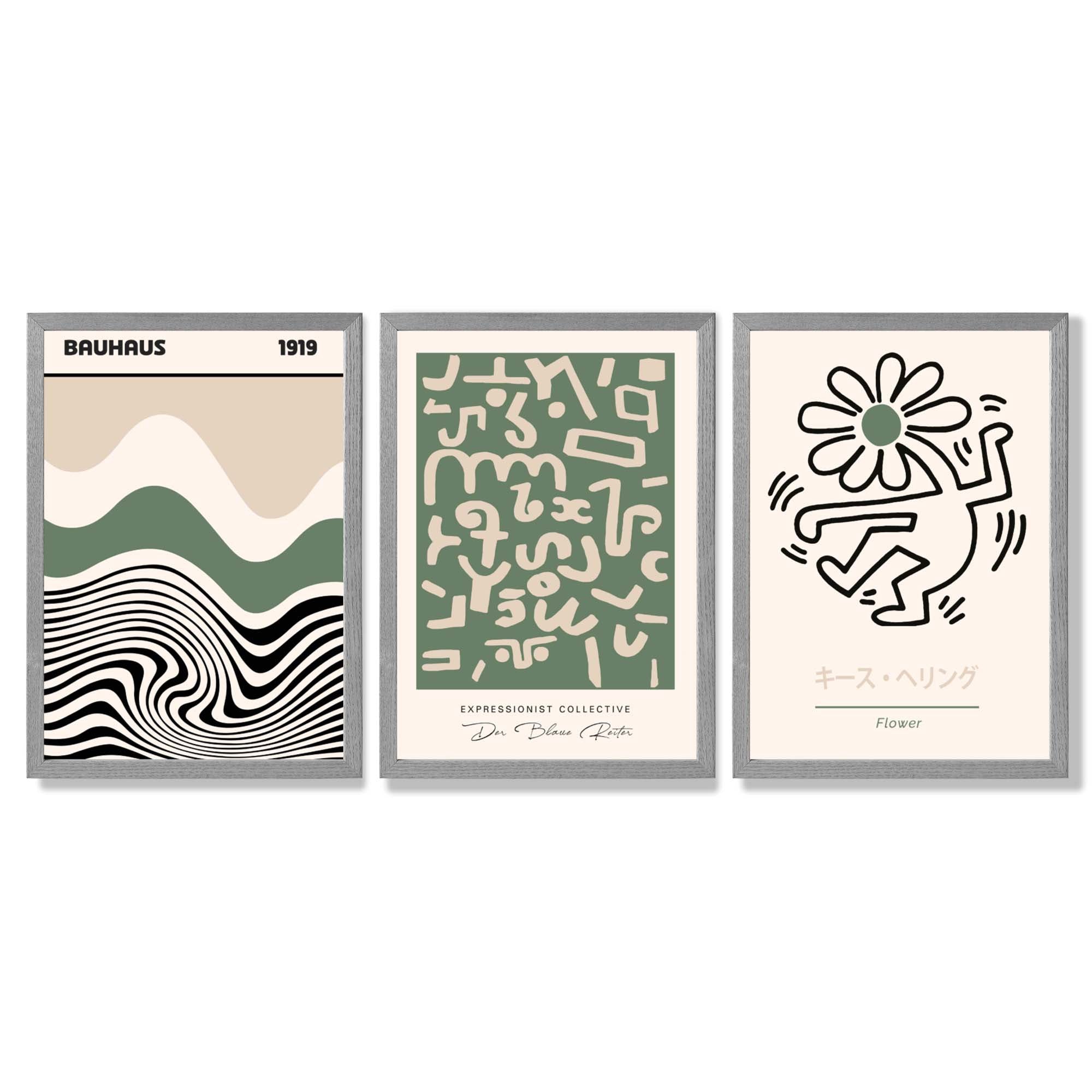 Bauhaus Modern Japandi Minimal Set of 3 Green Framed Wall Art with Light Grey Wooden Frames