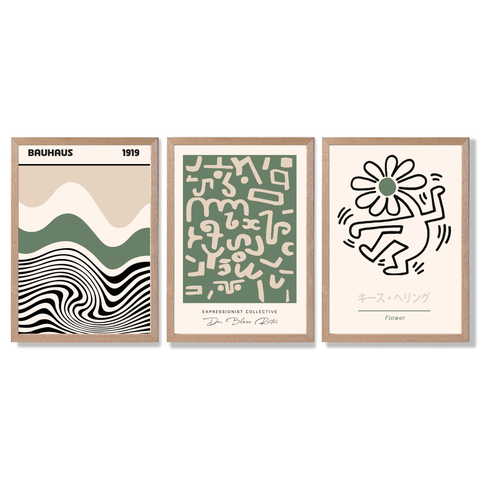 Bauhaus Modern Japandi Minimal Set of 3 Green Framed Wall Art with Light Oak Frames