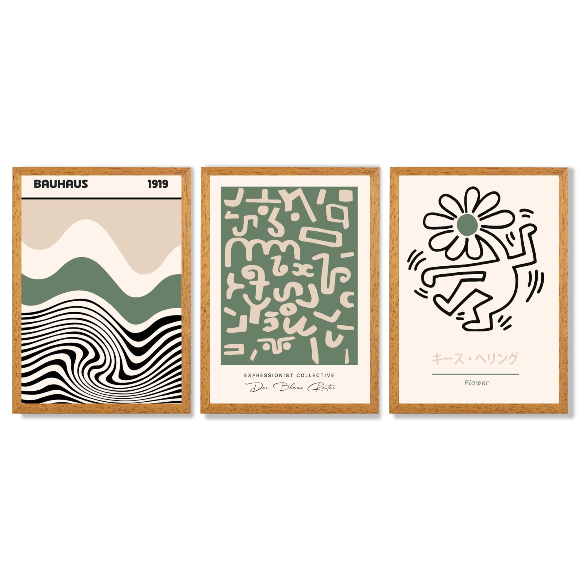 Bauhaus Modern Japandi Minimal Set of 3 Green Framed Wall Art with Oak Wooden Frames