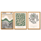 Bauhaus Modern Japandi Minimal Set of 3 Green Framed Wall Art with Oak Wooden Frames