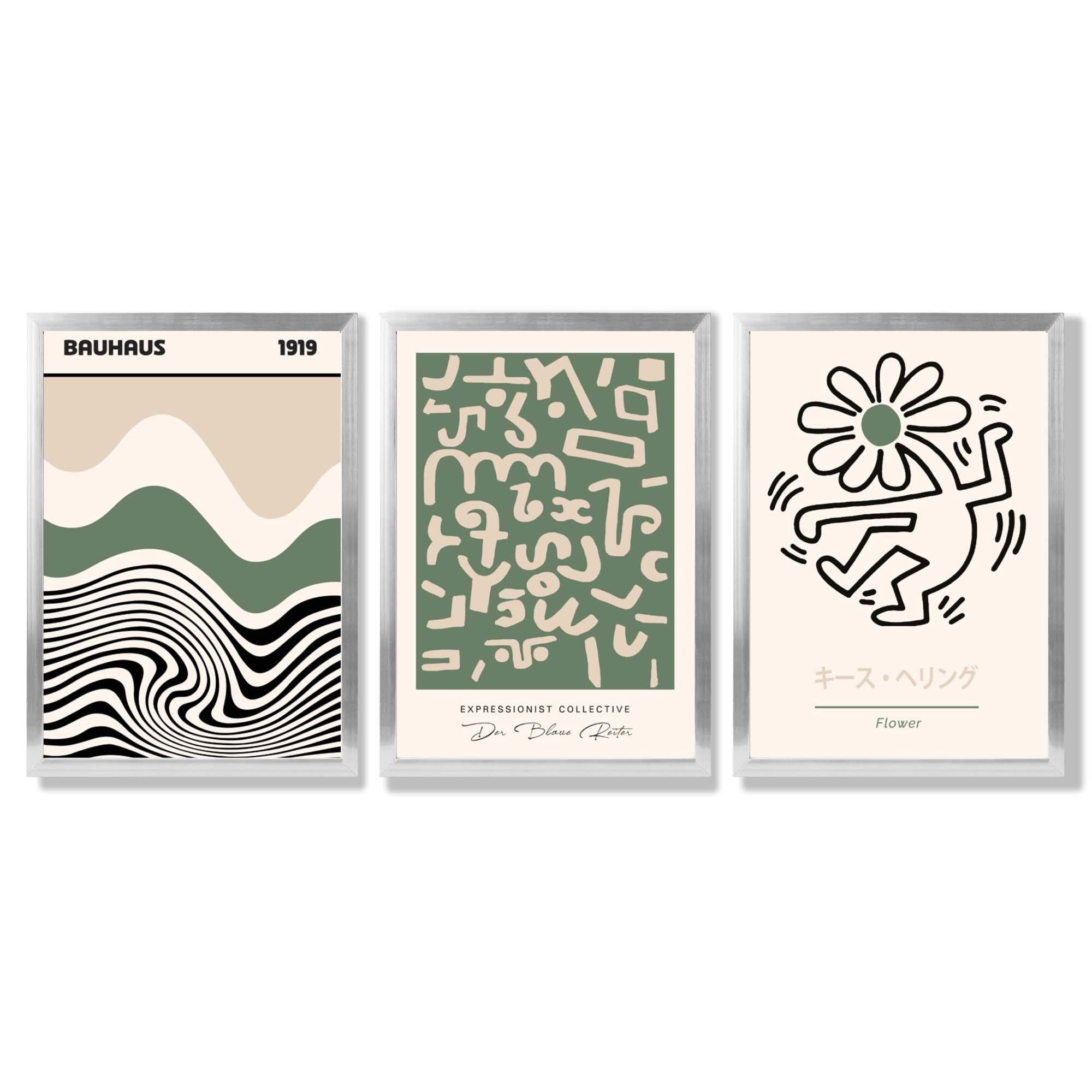 Bauhaus Modern Japandi Minimal Set of 3 Green Framed Wall Art with Silver Wood Frames