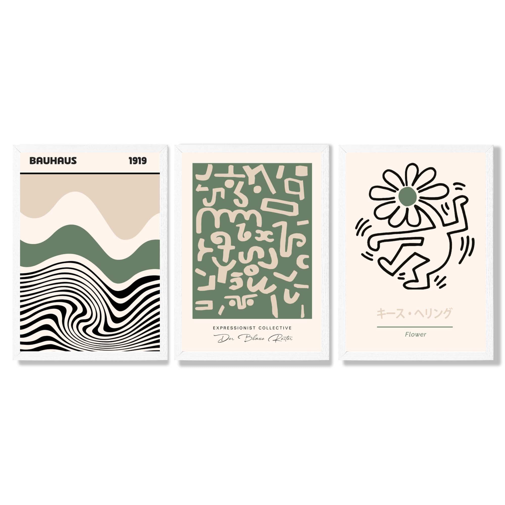 Bauhaus Modern Japandi Minimal Set of 3 Green Framed Wall Art with White Wooden Frames