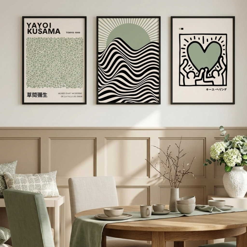 Three framed art prints with minimalist Japanese and abstract designs are displayed on a beige wall above a round wooden dining table with green and beige chairs in a styled dining room.