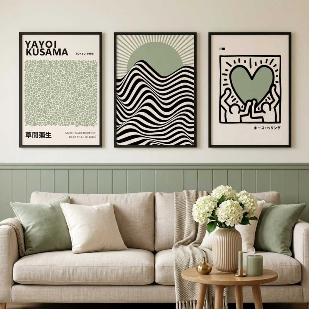 Three framed abstract art prints in black, white, and sage green hang on a beige wall above a light beige sofa with green and cream pillows in a styled living room.