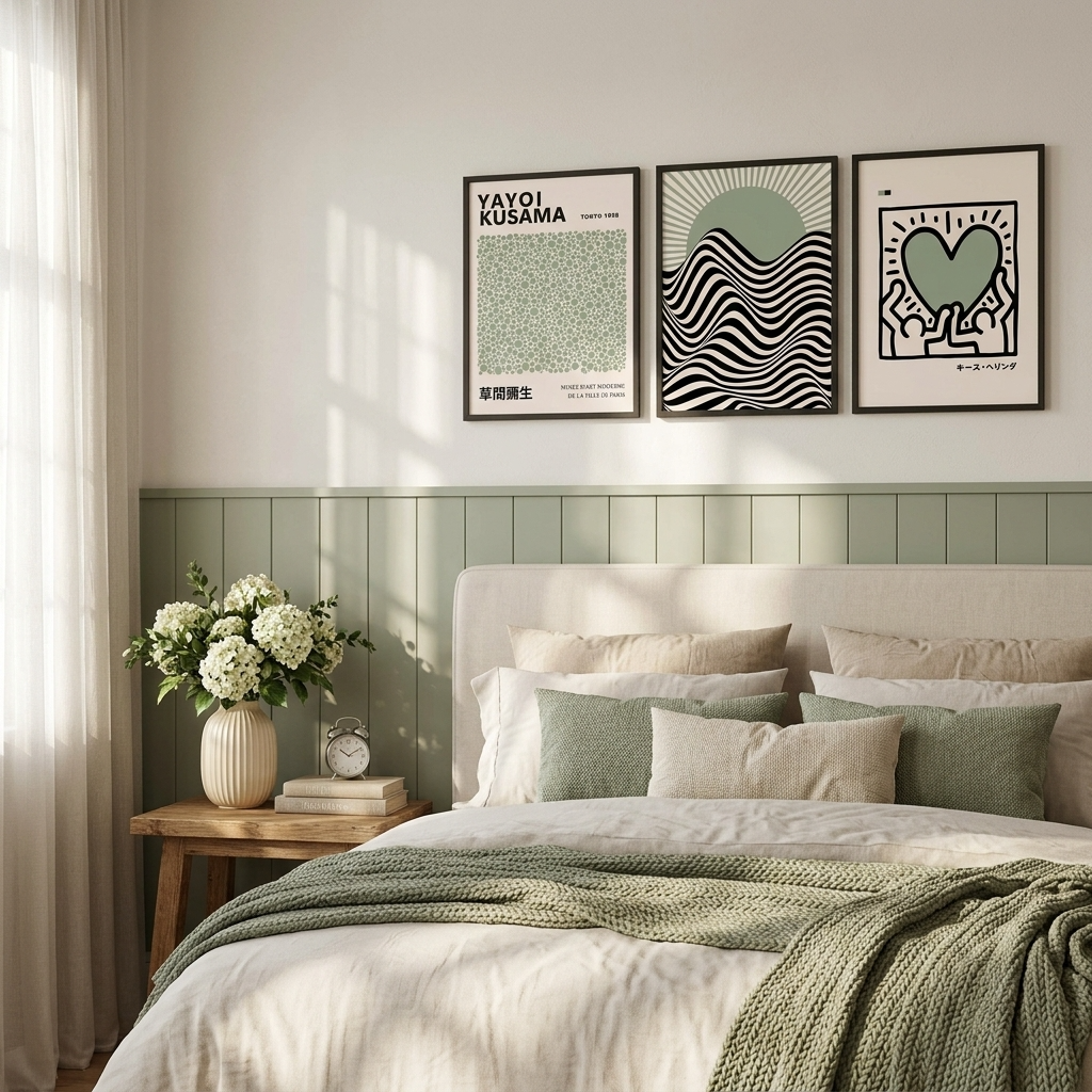 A styled bedroom scene with a bed dressed in white and sage green bedding, a wooden side table with a vase of white flowers, and three framed wall art prints above the headboard. The room has a light neutral wall, window-side curtains, and a sage green wainscoted panel.