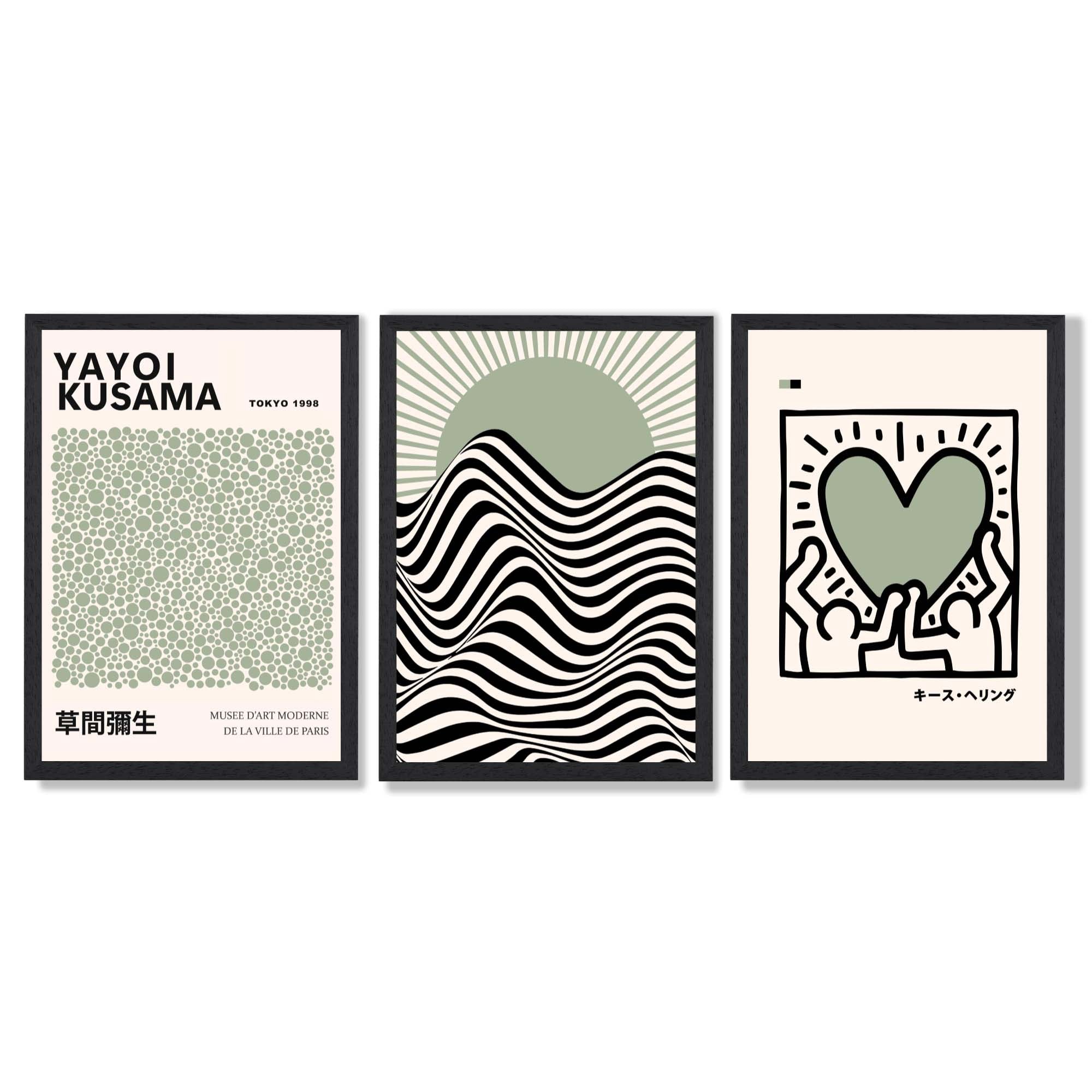Set of 3 Yayoi Kusama, Japandi Light Green Art Prints in Black Frames | Artze UK