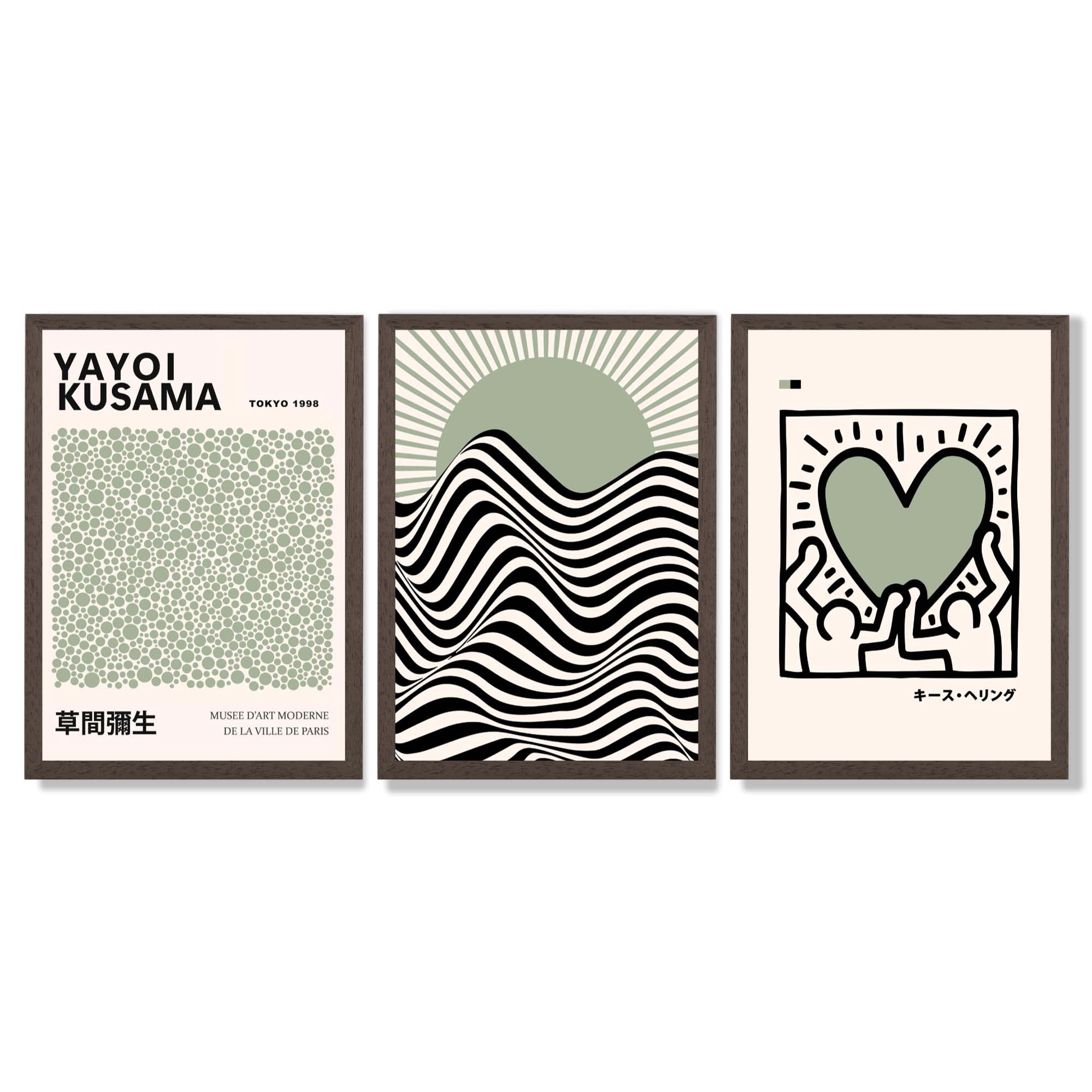 Set of 3 Yayoi Kusama, Japandi Light Green Framed Wall Art with Dark Wood Frames