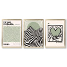 Set of 3 Yayoi Kusama, Japandi Light Green Framed Wall Art with Gold Wood Frames