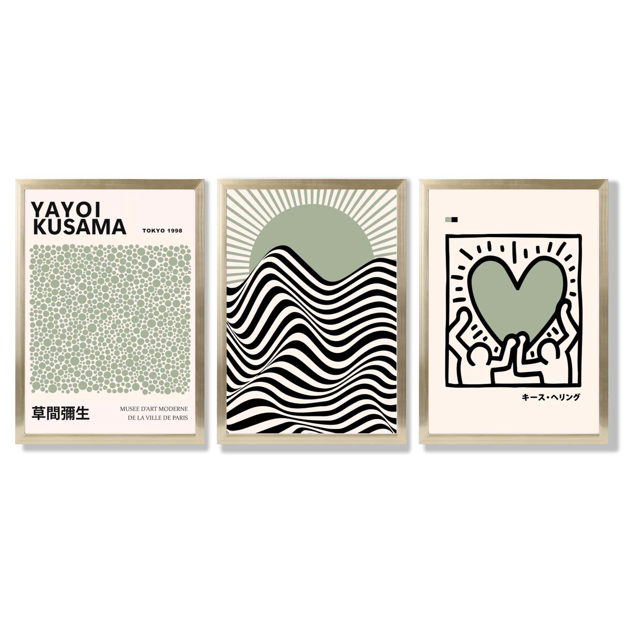 Set of 3 Yayoi Kusama, Japandi Light Green Framed Wall Art with Gold Wood Frames