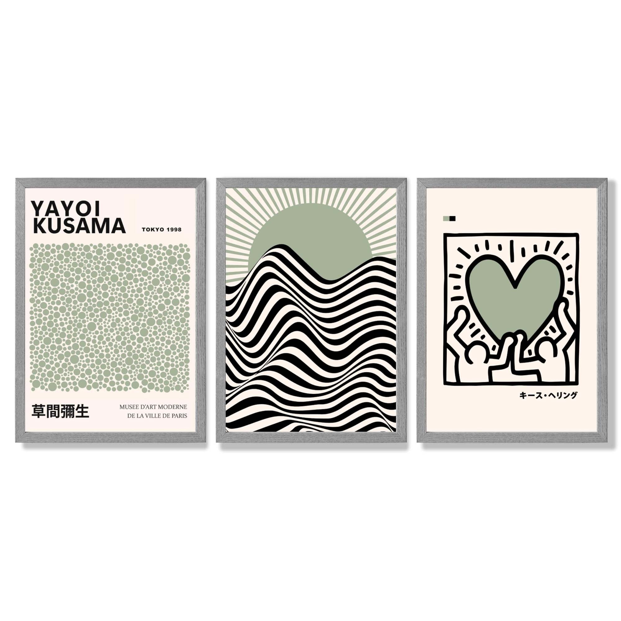 Set of 3 Yayoi Kusama, Japandi Light Green Framed Wall Art with Light Grey Wooden Frames