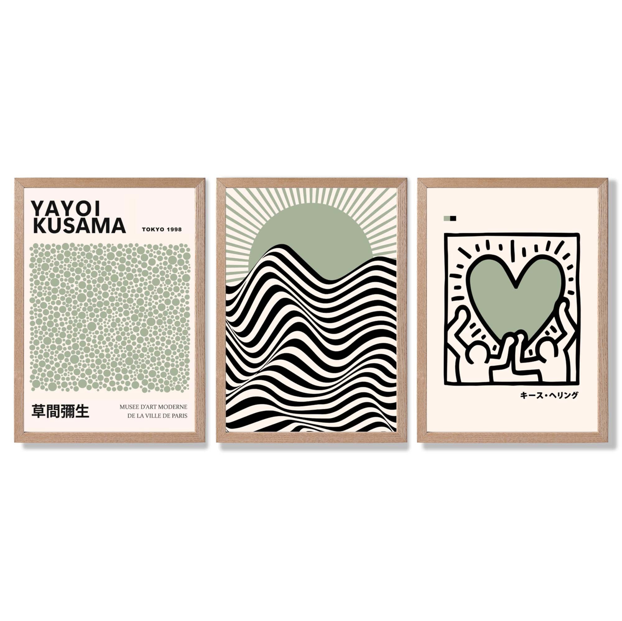 Set of 3 Yayoi Kusama, Japandi Light Green Framed Wall Art with Light Oak Frames