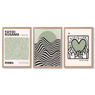 Set of 3 Yayoi Kusama, Japandi Light Green Framed Wall Art with Light Oak Frames