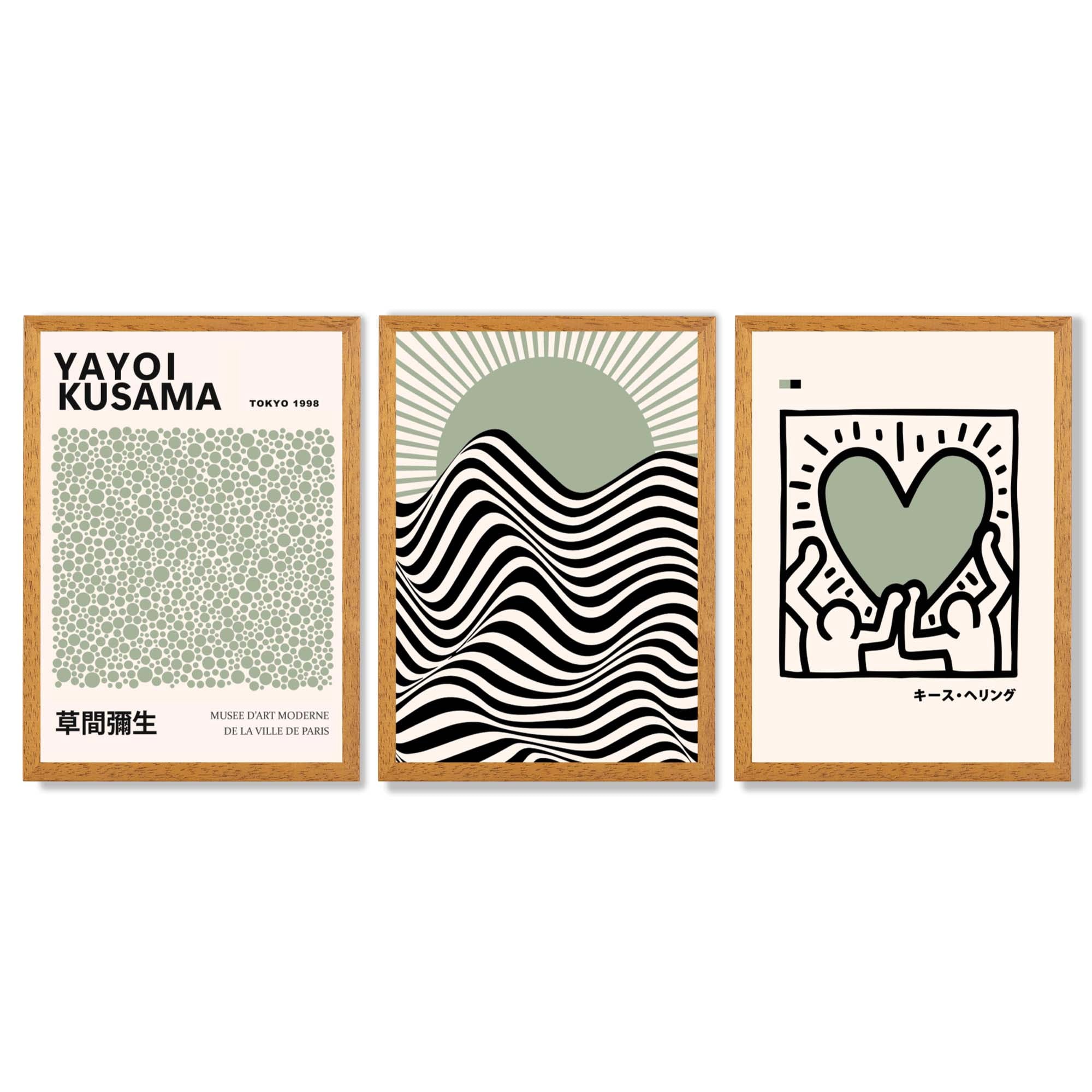 Set of 3 Yayoi Kusama, Japandi Light Green Framed Wall Art with Oak Wooden Frames