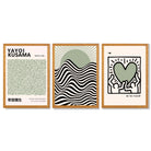 Set of 3 Yayoi Kusama, Japandi Light Green Framed Wall Art with Oak Wooden Frames