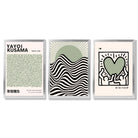 Set of 3 Yayoi Kusama, Japandi Light Green Framed Wall Art with Silver Wood Frames