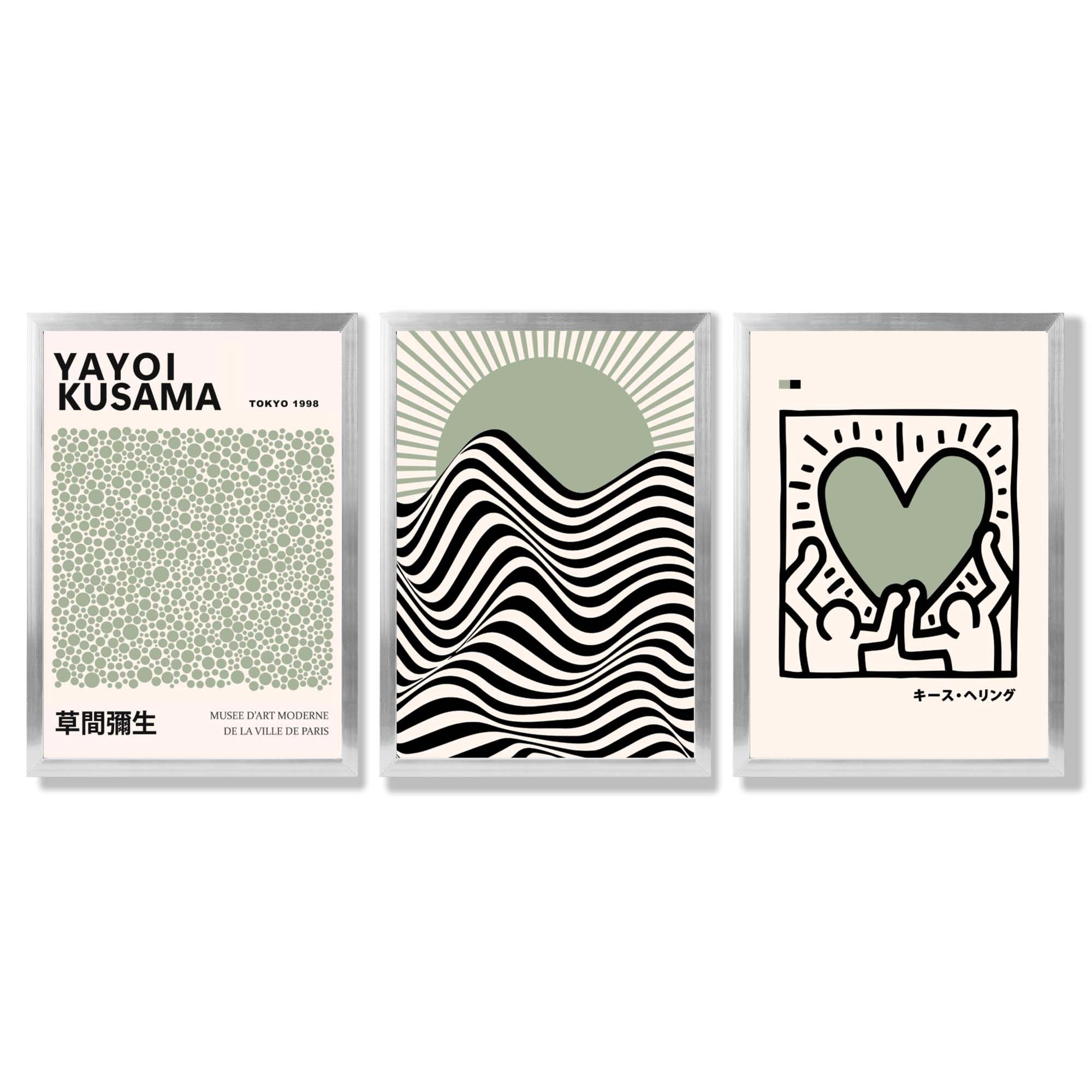 Set of 3 Yayoi Kusama, Japandi Light Green Framed Wall Art with Silver Wood Frames
