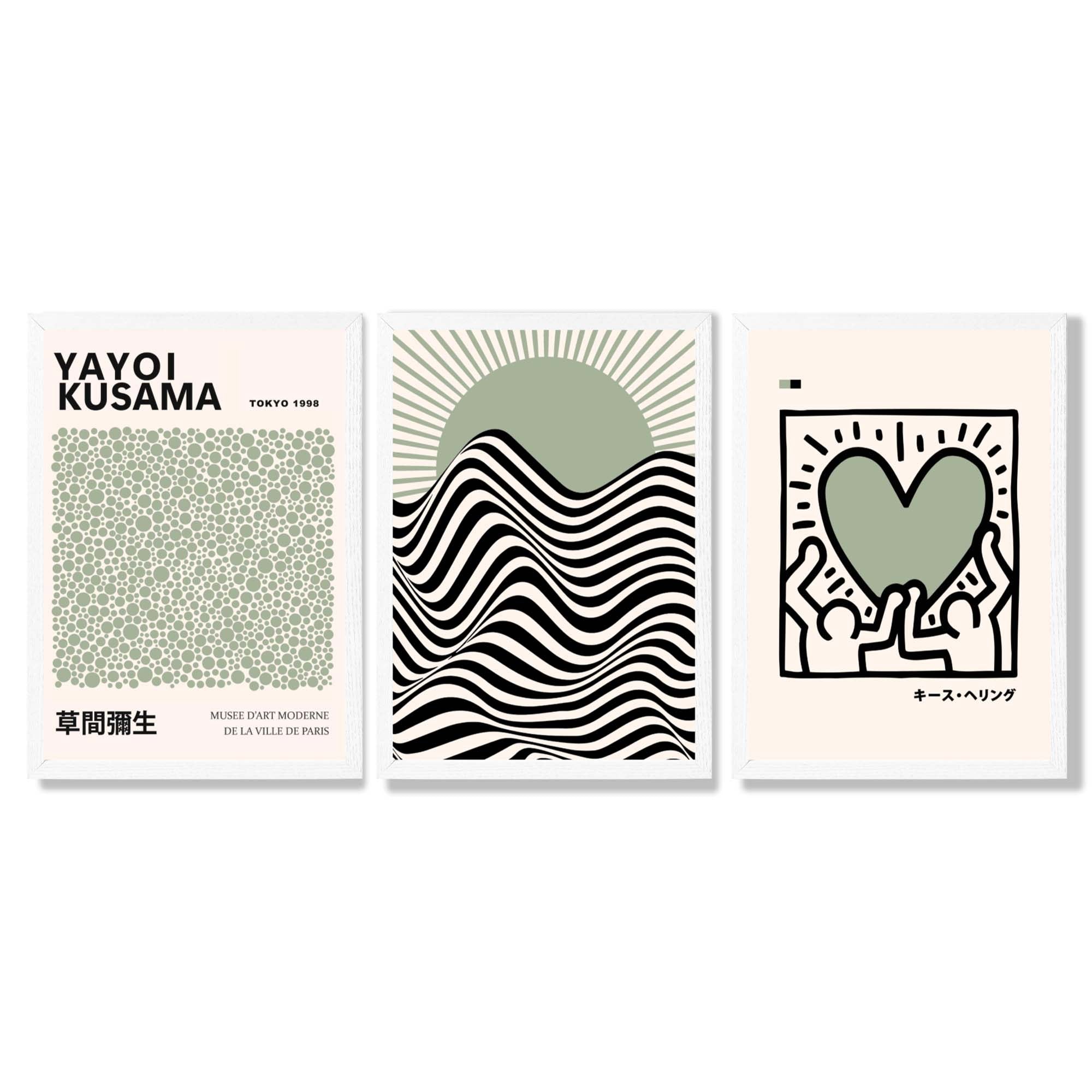 Set of 3 Yayoi Kusama, Japandi Light Green Framed Wall Art with White Wooden Frames