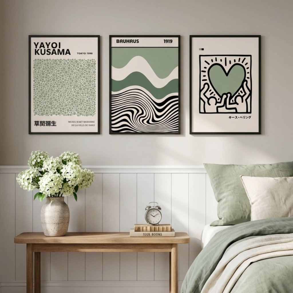 Three framed wall art prints with black, white, and sage green designs hang above a wooden bench in a softly styled bedroom with green bedding, pillows, a vase of flowers, and a window.