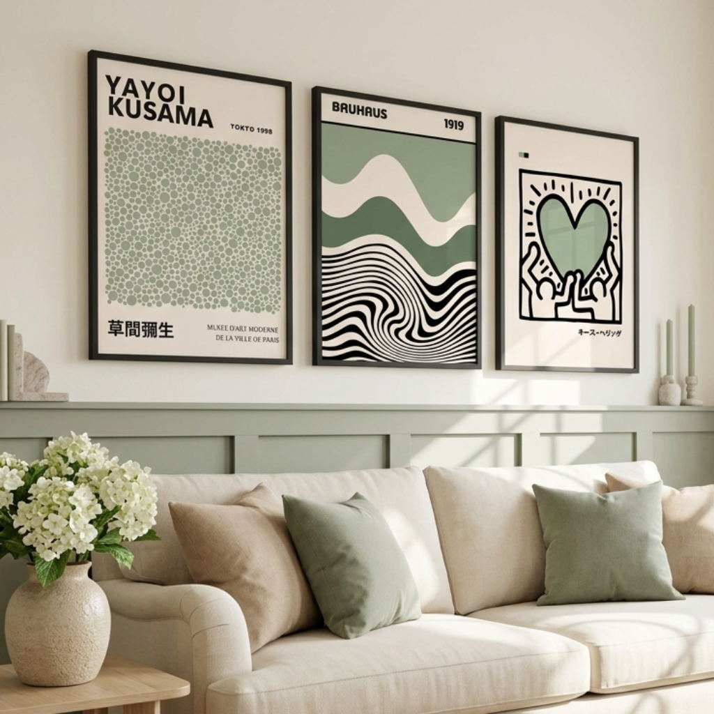 A styled living room featuring three framed minimalist art prints with green, black, and white designs hanging on a light beige wall above a cream sofa with sage green and beige pillows. The room has a light green wainscoted wall, a wooden side table with white flowers, and a woven rug.