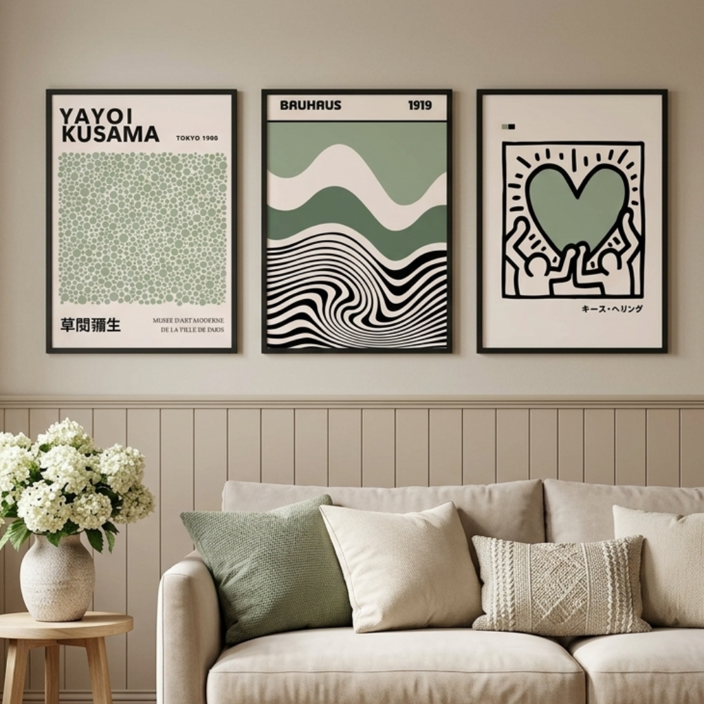 Three framed abstract art prints with green, black, and white designs are displayed on a beige wall above a cream-colored sofa in a styled living room setting.