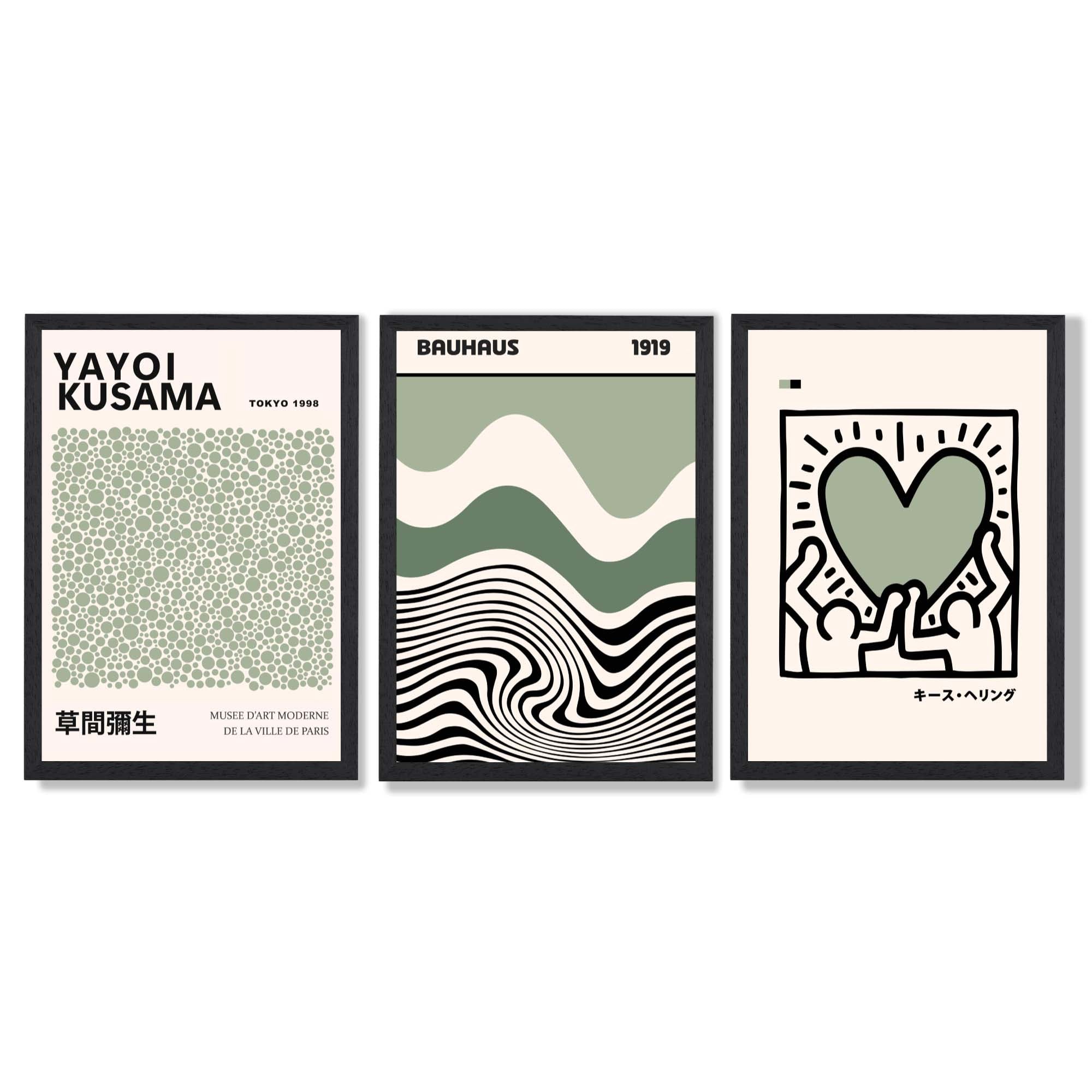 Set of 3 Yayoi Kusama Bauhaus Japandi Light Green Art Prints in Black Frames | Artze UK