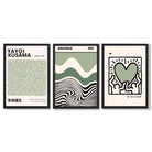 Set of 3 Yayoi Kusama Bauhaus Japandi Light Green Framed Wall Art with Black Wooden Frames