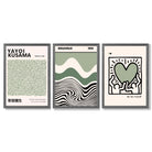 Set of 3 Yayoi Kusama Bauhaus Japandi Light Green Framed Wall Art with Dark Grey Wooden Frames