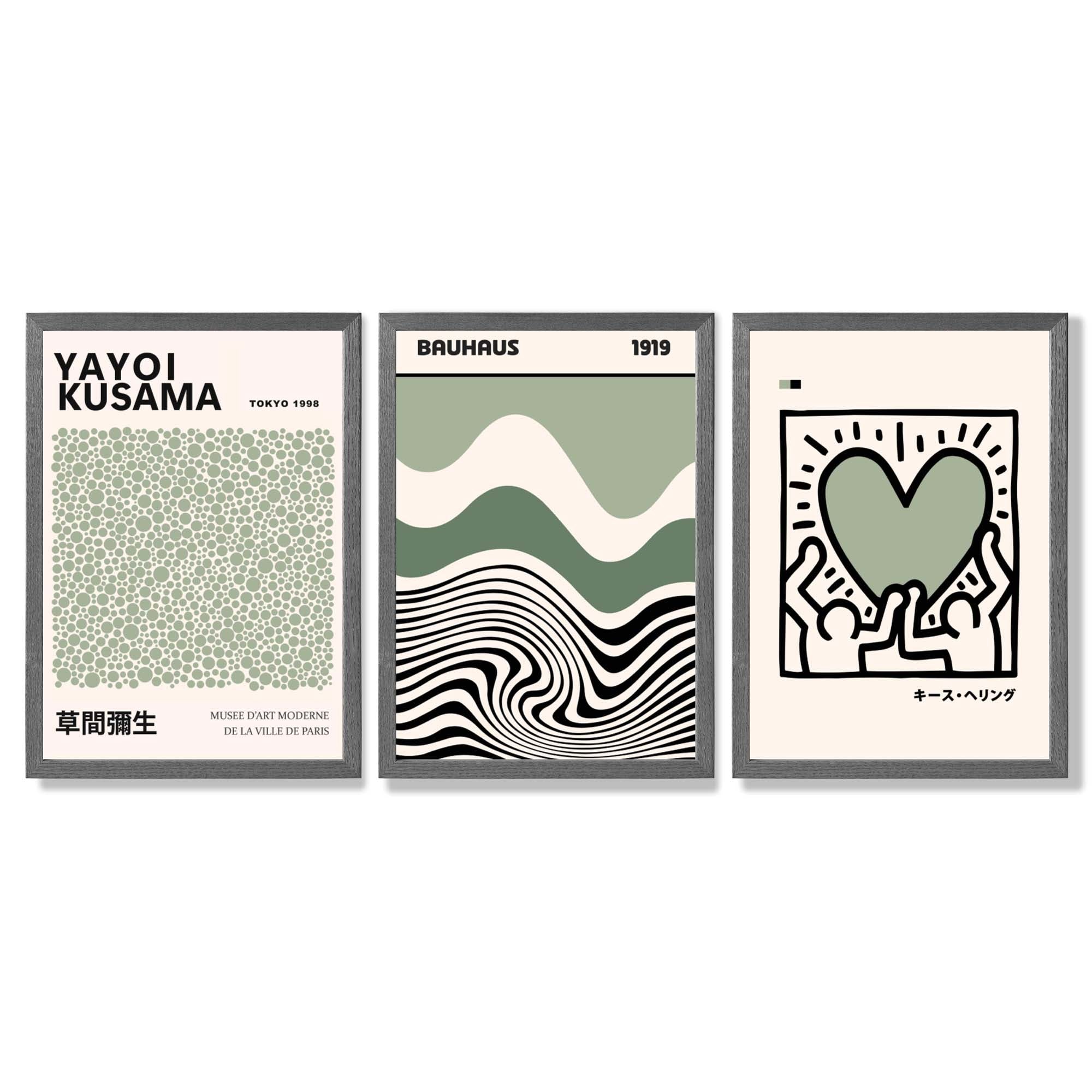 Set of 3 Yayoi Kusama Bauhaus Japandi Light Green Framed Wall Art with Dark Grey Wooden Frames