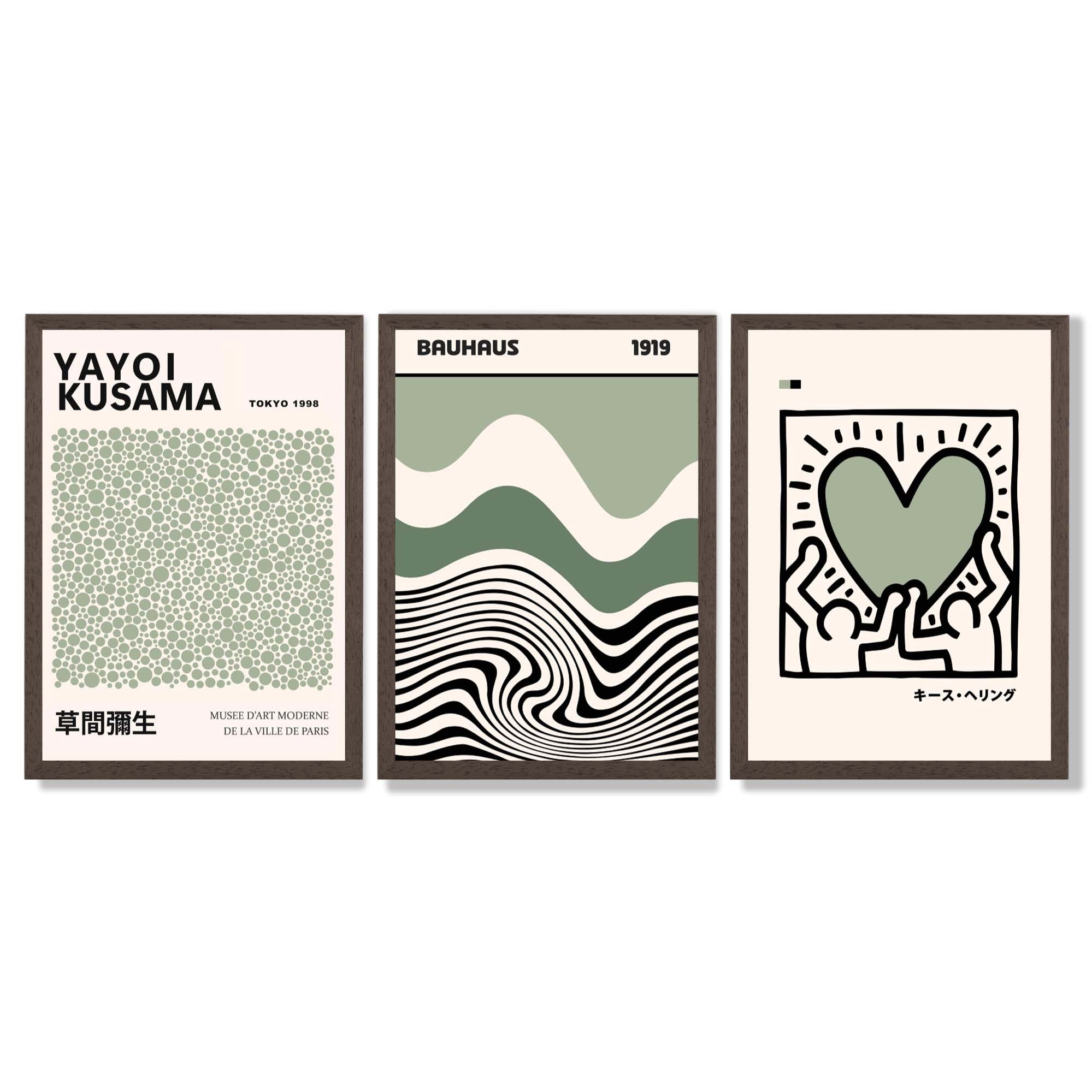 Set of 3 Yayoi Kusama Bauhaus Japandi Light Green Framed Wall Art with Dark Wood Frames