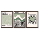 Set of 3 Yayoi Kusama Bauhaus Japandi Light Green Framed Wall Art with Dark Wood Frames