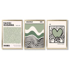 Set of 3 Yayoi Kusama Bauhaus Japandi Light Green Framed Wall Art with Gold Wood Frames