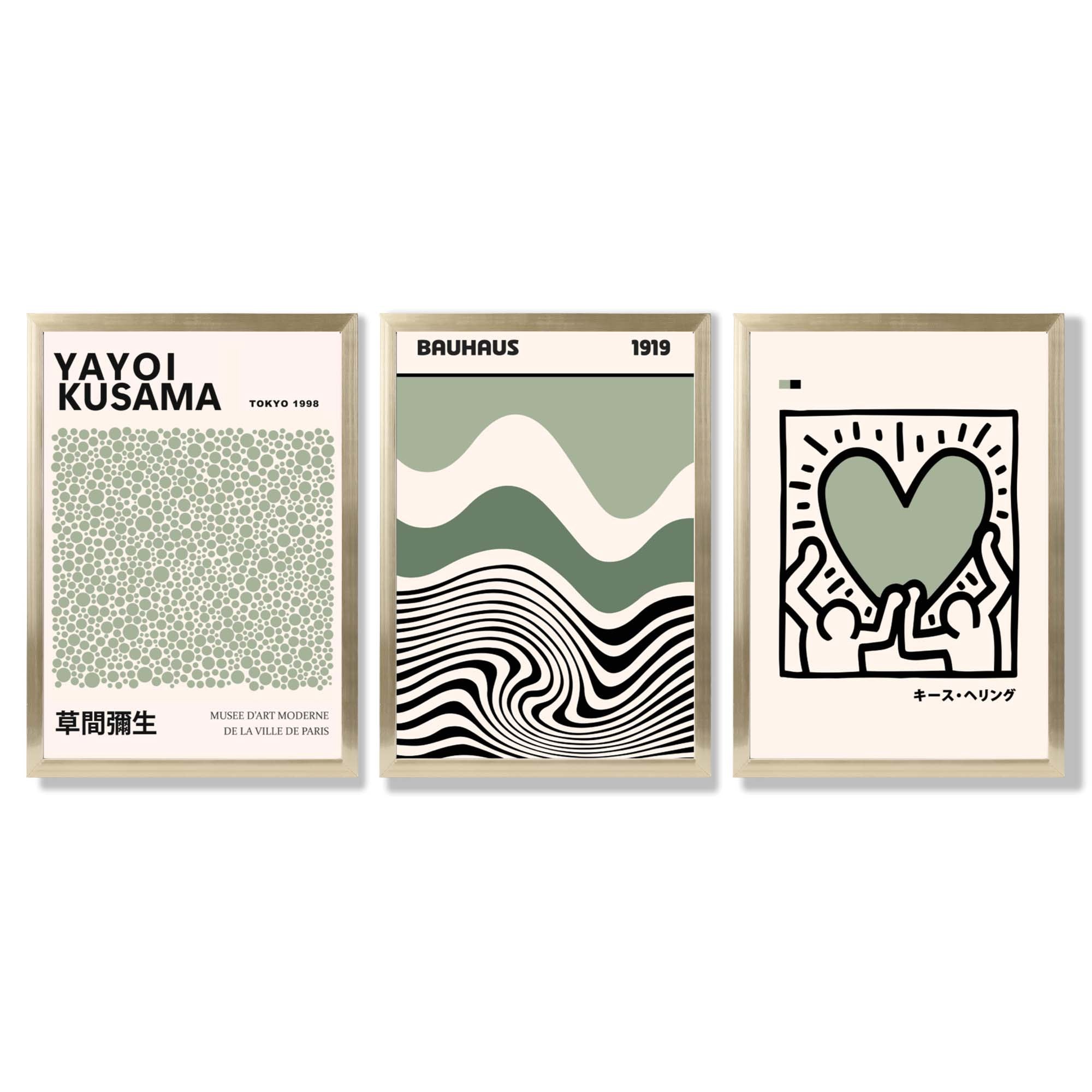 Set of 3 Yayoi Kusama Bauhaus Japandi Light Green Framed Wall Art with Gold Wood Frames