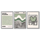 Set of 3 Yayoi Kusama Bauhaus Japandi Light Green Framed Wall Art with Light Grey Wooden Frames