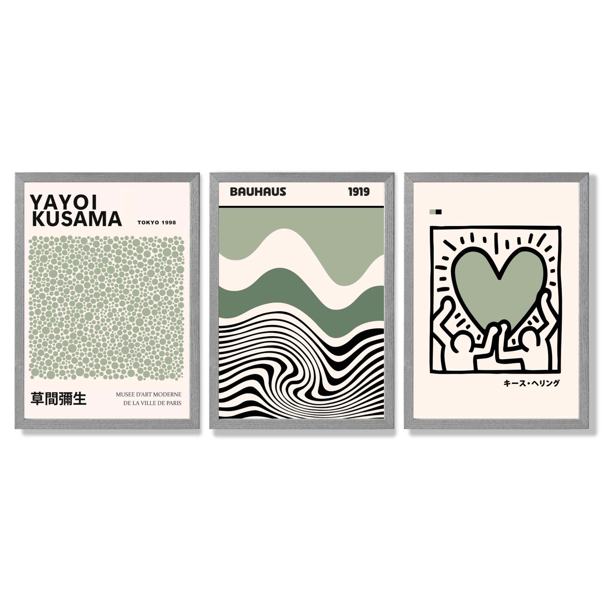 Set of 3 Yayoi Kusama Bauhaus Japandi Light Green Framed Wall Art with Light Grey Wooden Frames