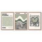 Set of 3 Yayoi Kusama Bauhaus Japandi Light Green Framed Wall Art with Light Oak Frames