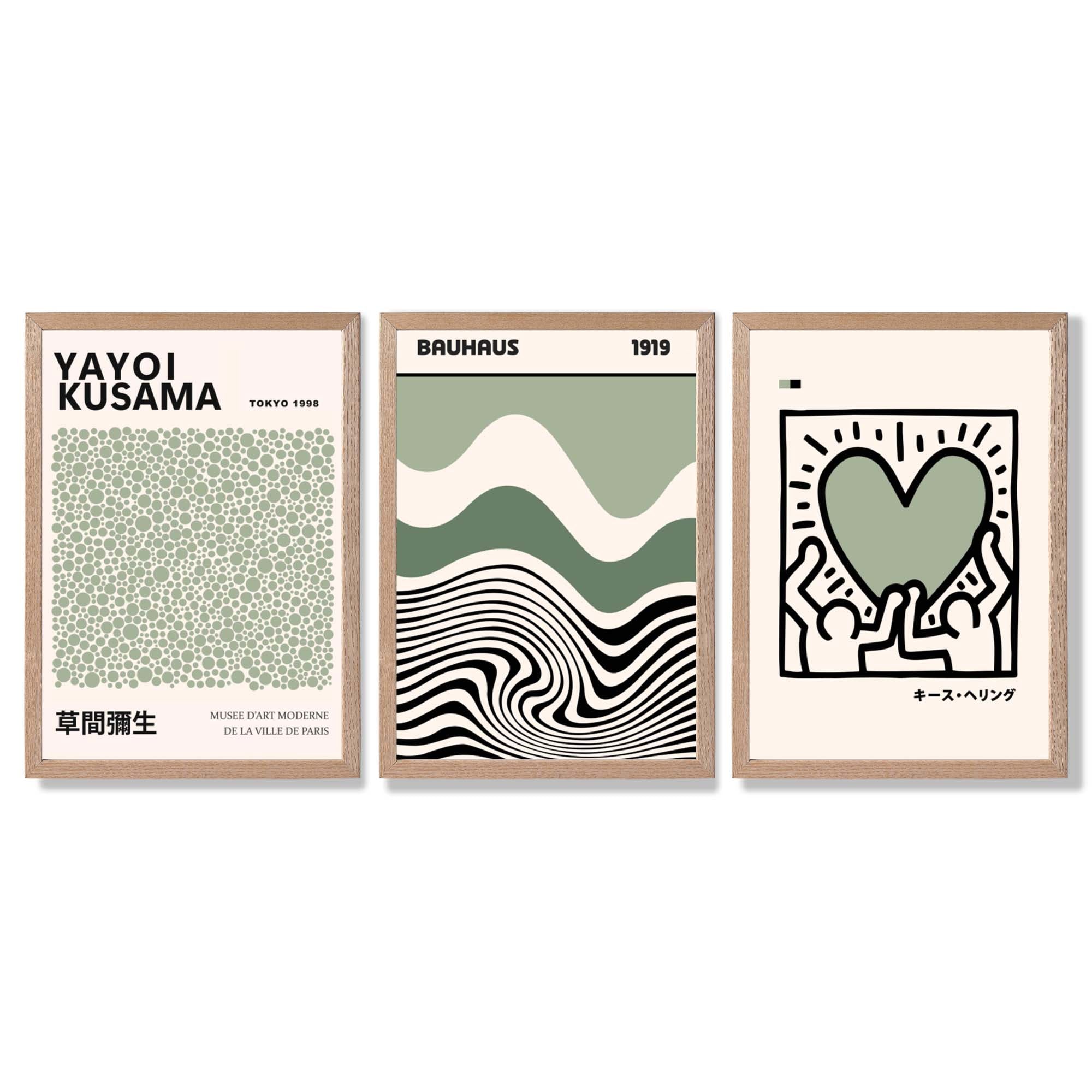 Set of 3 Yayoi Kusama Bauhaus Japandi Light Green Framed Wall Art with Light Oak Frames
