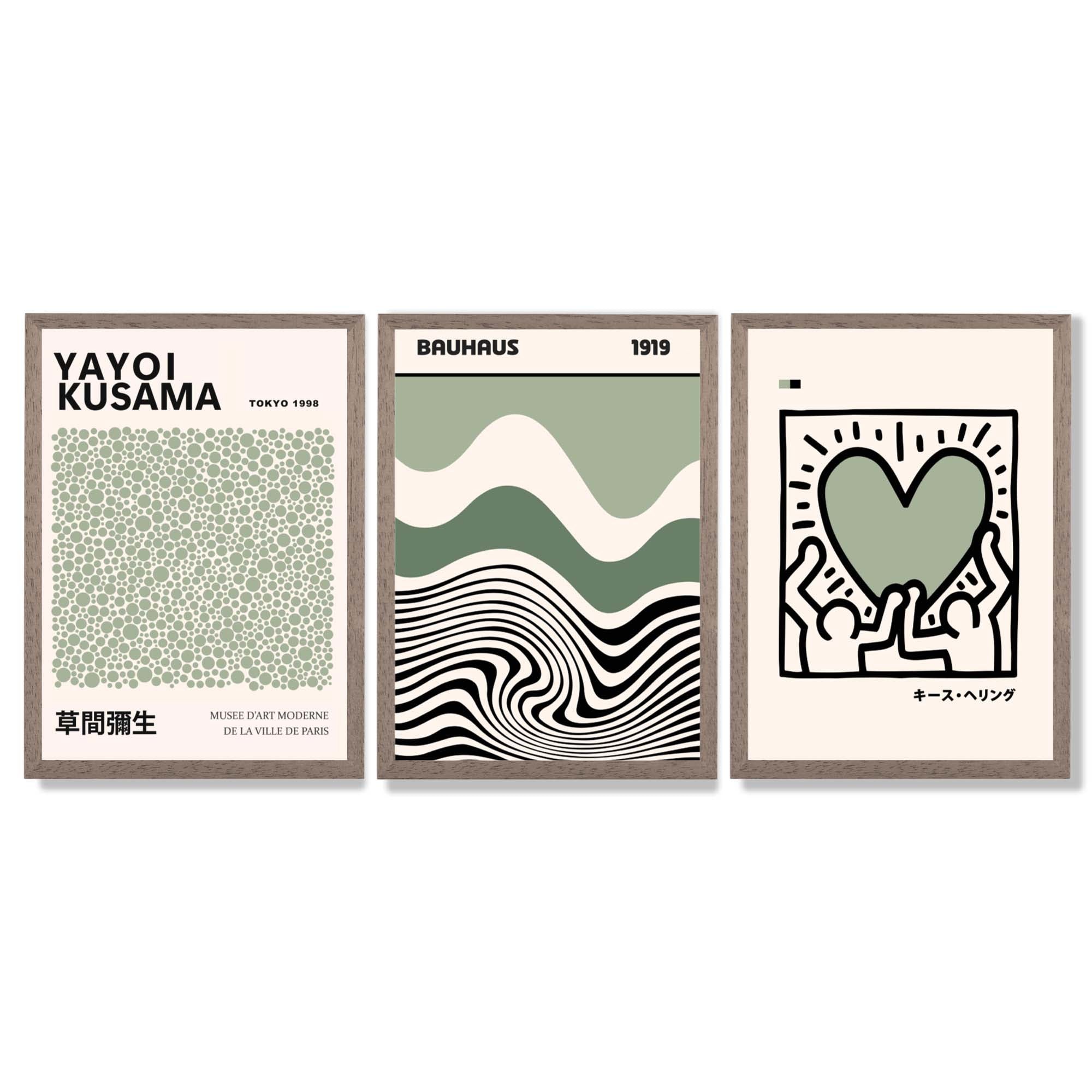 Set of 3 Yayoi Kusama Bauhaus Japandi Light Green Framed Wall Art with Light Walnut Frames