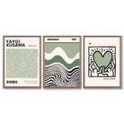 Set of 3 Yayoi Kusama Bauhaus Japandi Light Green Framed Wall Art with Light Walnut Frames