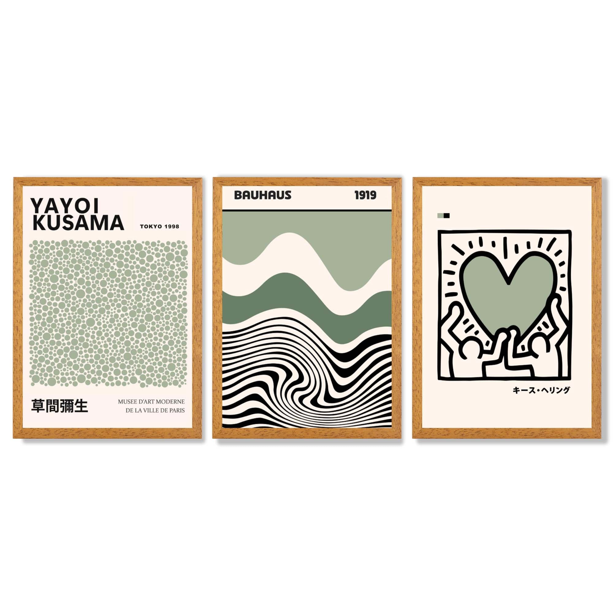 Set of 3 Yayoi Kusama Bauhaus Japandi Light Green Framed Wall Art with Oak Wooden Frames