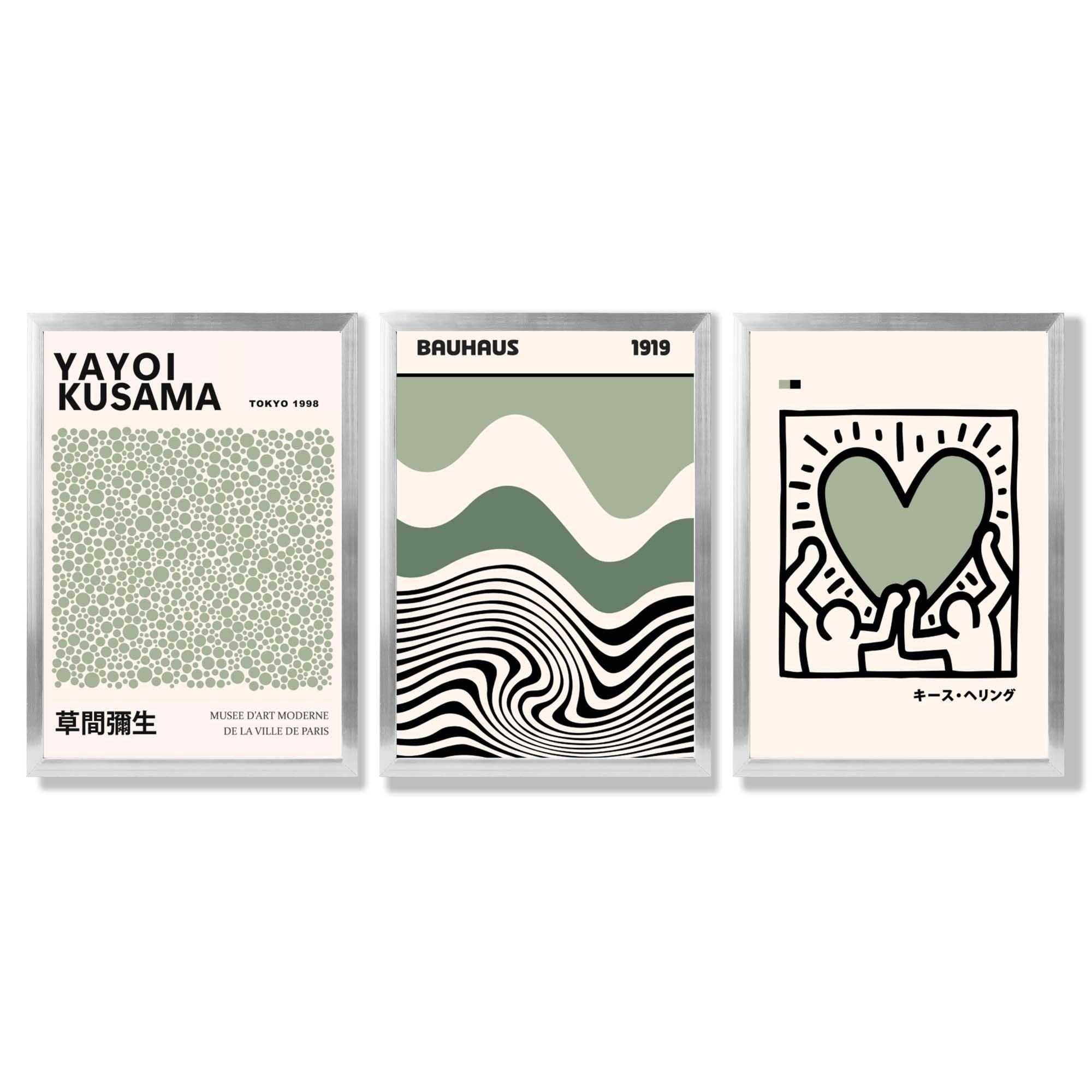 Set of 3 Yayoi Kusama Bauhaus Japandi Light Green Framed Wall Art with Silver Wood Frames