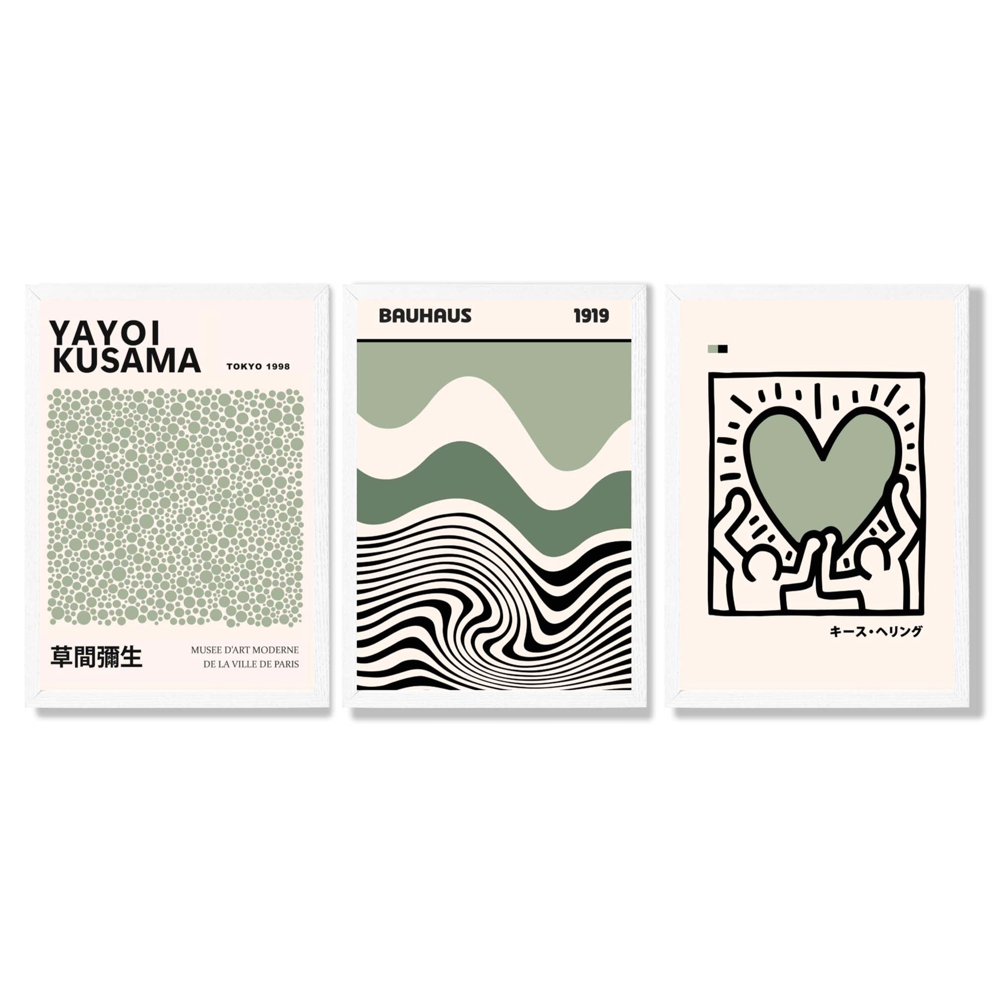 Set of 3 Yayoi Kusama Bauhaus Japandi Light Green Framed Wall Art with White Wooden Frames